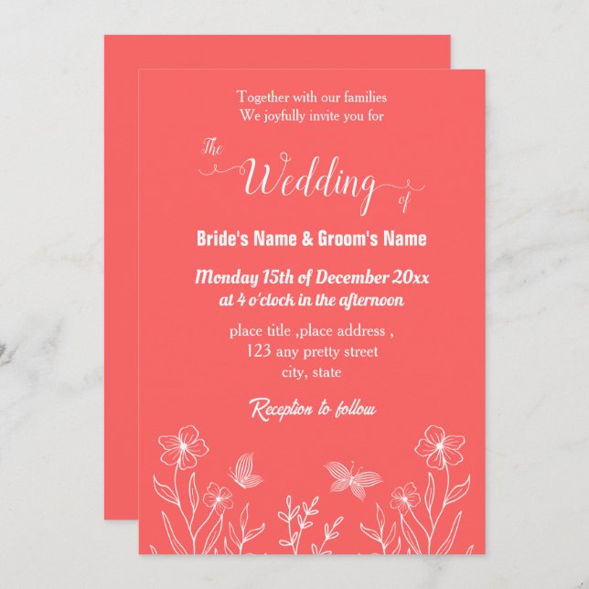 Convite Casamento floral rosa-coral elegante romântico (Frente/Verso)