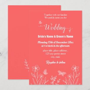 Convite Casamento floral rosa-coral elegante romântico