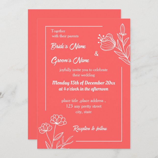 Convite Casamento floral rosa-coral elegante romântico (Frente/Verso)