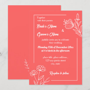 Convite Casamento floral rosa-coral elegante romântico