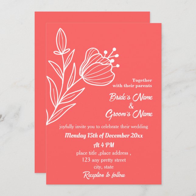 Convite Casamento floral rosa-coral elegante romântico (Frente/Verso)