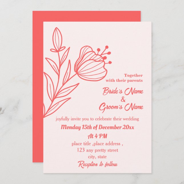 Convite Casamento floral rosa-coral elegante romântico (Frente/Verso)