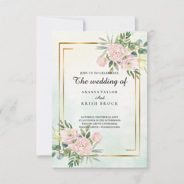 Convite Casamento Floral Rosa Cottage Romântico (Frente)