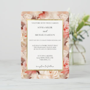 Convite Casamento Floral Rosa Creme Dourado Bonito