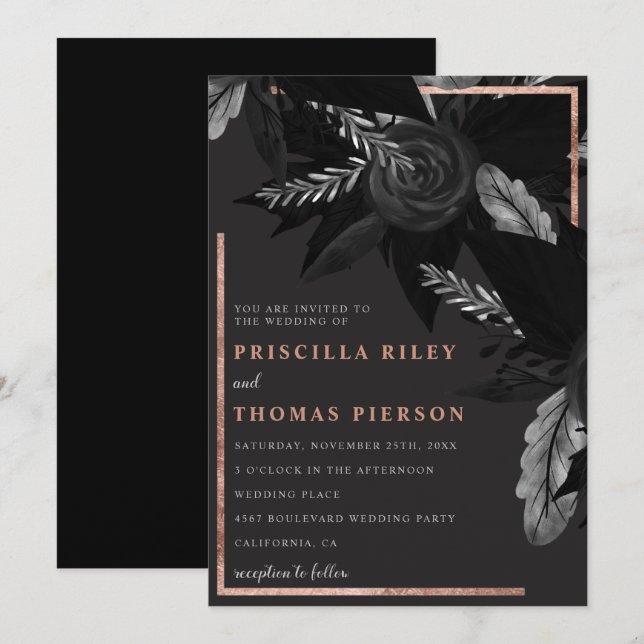 Convite Casamento floral rosa de cor-de-água preta (Frente/Verso)