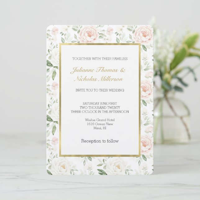 Convite Casamento Floral Rosa Desbotado Bonito (Em pé/Frente)