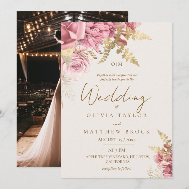 Convite Casamento Floral Rosa Dourado Moderno (Frente/Verso)