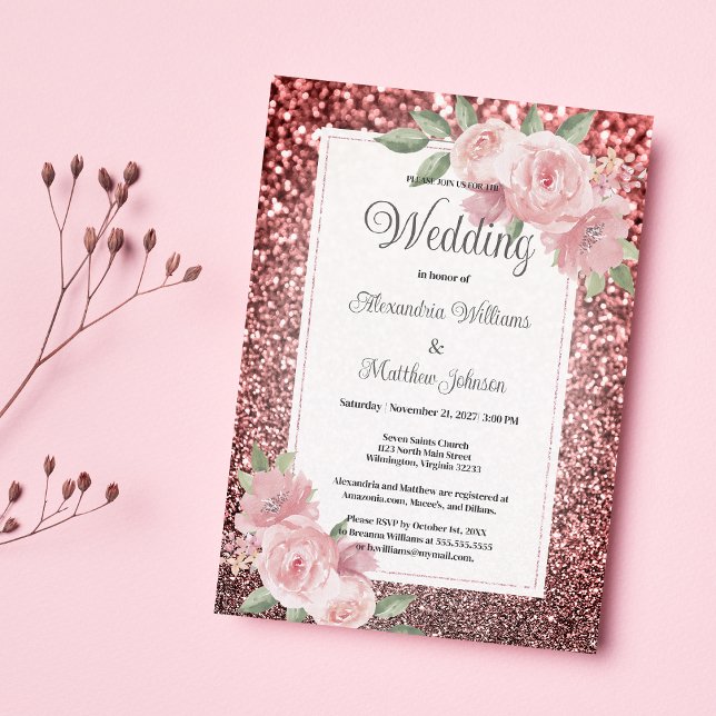 Convite Casamento floral rosa dourado prateado brilhante  (Rose gold silver glitter pink floral Wedding )
