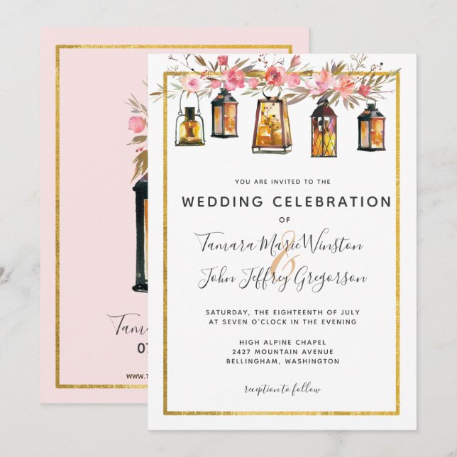 Convite Casamento Floral Rosa Dourado Rustic Lanterns (Frente/Verso)
