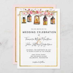 Convite Casamento Floral Rosa Dourado Rustic Lanterns