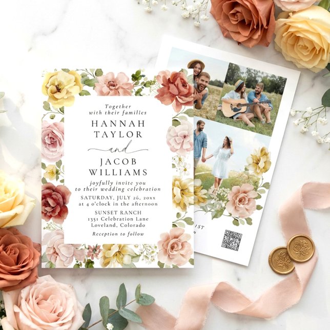 Convite Casamento Floral Rosa e Amarelo (Criador carregado)