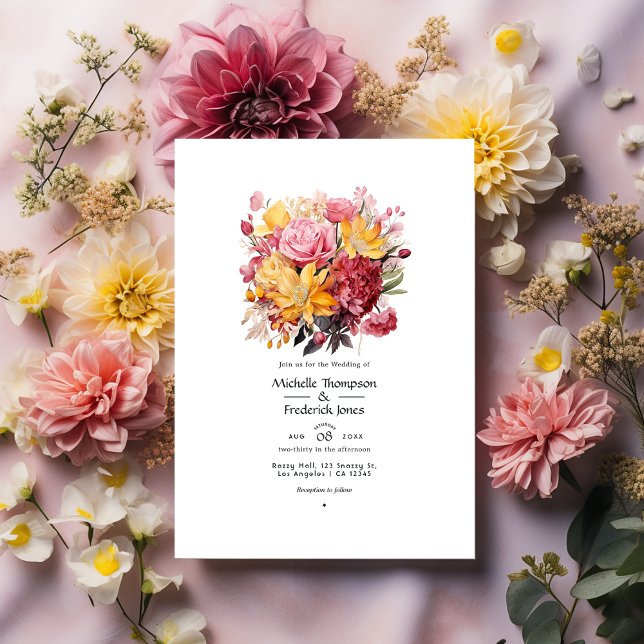 Convite Casamento Floral Rosa e Amarelo (Criador carregado)