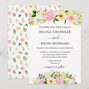 Convite Casamento Floral Rosa e Amarelo Elegante