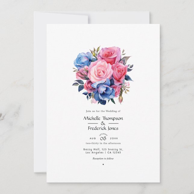 Convite Casamento Floral Rosa e Azul (Frente)