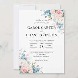 Convite Casamento Floral Rosa e Azul Elegante