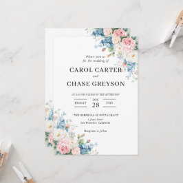 Convite Casamento Floral Rosa e Azul Elegante