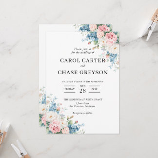 Convite Casamento Floral Rosa e Azul Elegante
