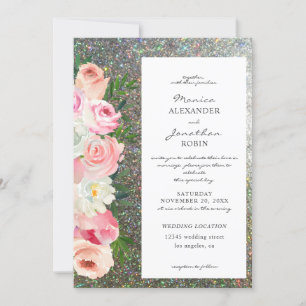 Convite Casamento Floral Rosa e Cinza com Brilho Prateado