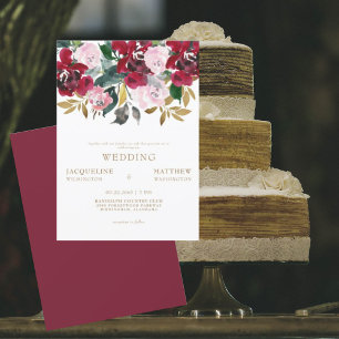 Convite Casamento Floral Rosa e Cranberry Sem Pais
