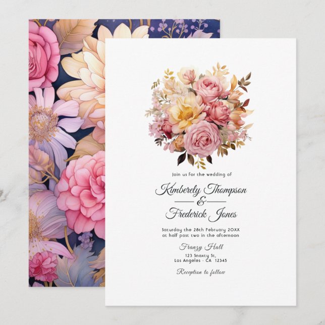 Convite Casamento Floral Rosa e Dourado (Frente/Verso)