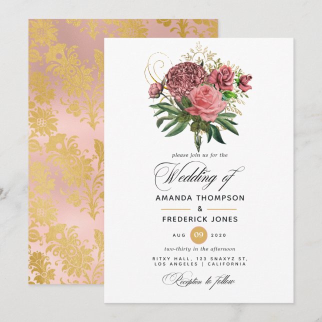 Convite Casamento Floral Rosa e Dourado (Frente/Verso)