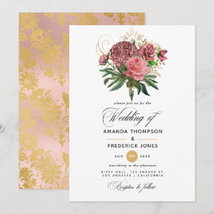 Convite Casamento Floral Rosa e Dourado