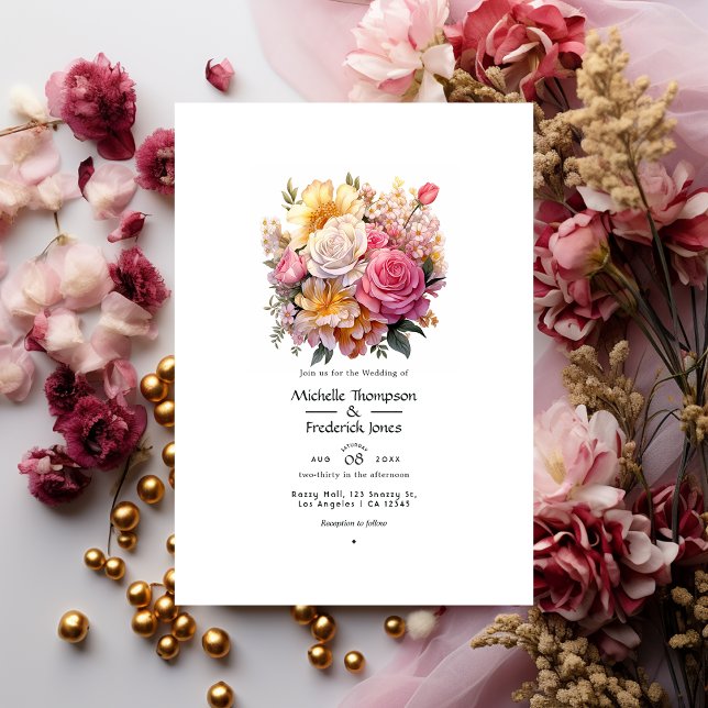 Convite Casamento Floral Rosa e Dourado (Criador carregado)