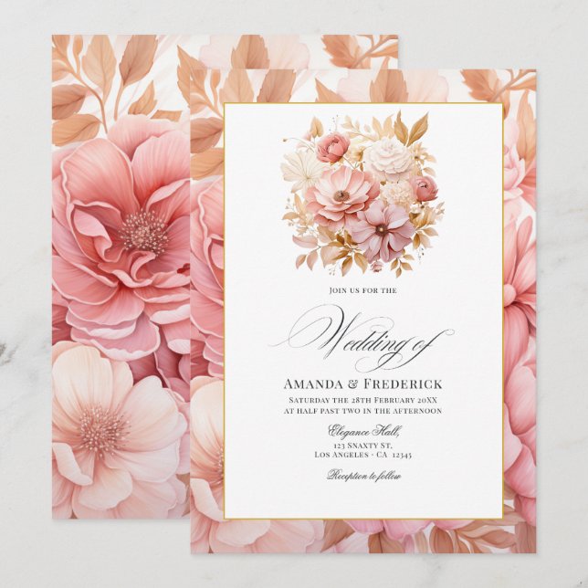 Convite Casamento Floral Rosa e Dourado (Frente/Verso)