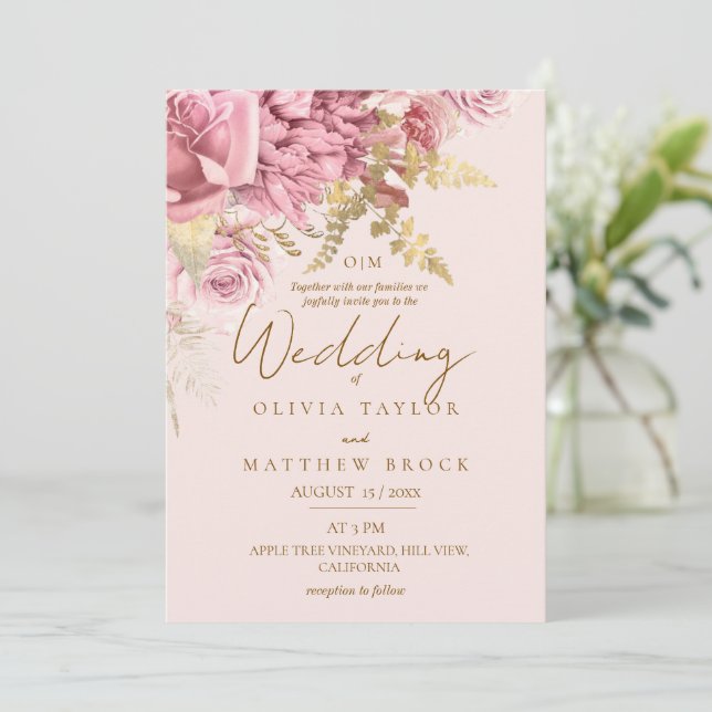 Convite Casamento Floral Rosa e Dourado Moderno (Em pé/Frente)