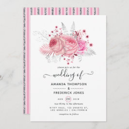 Convite Casamento Floral Rosa e Faux Foil & Glitter Silver