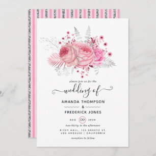 Convite Casamento Floral Rosa e Faux Foil & Glitter Silver