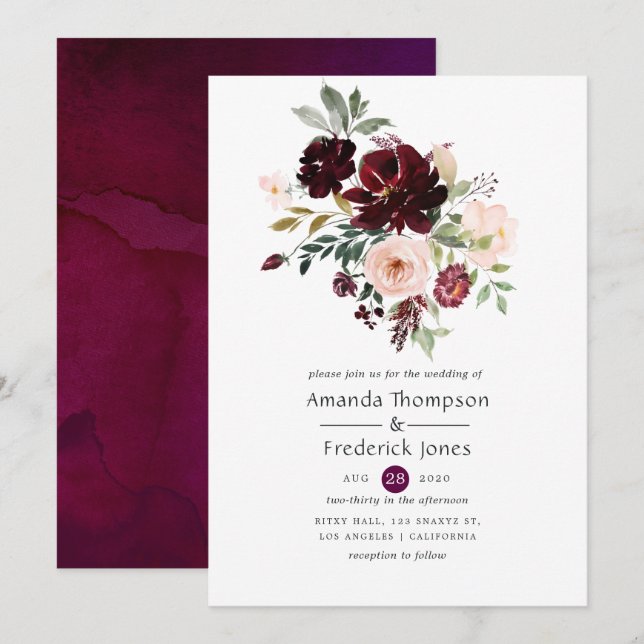 Convite Casamento Floral Rosa e Fruta Borgonha (Frente/Verso)