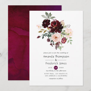 Convite Casamento Floral Rosa e Fruta Borgonha