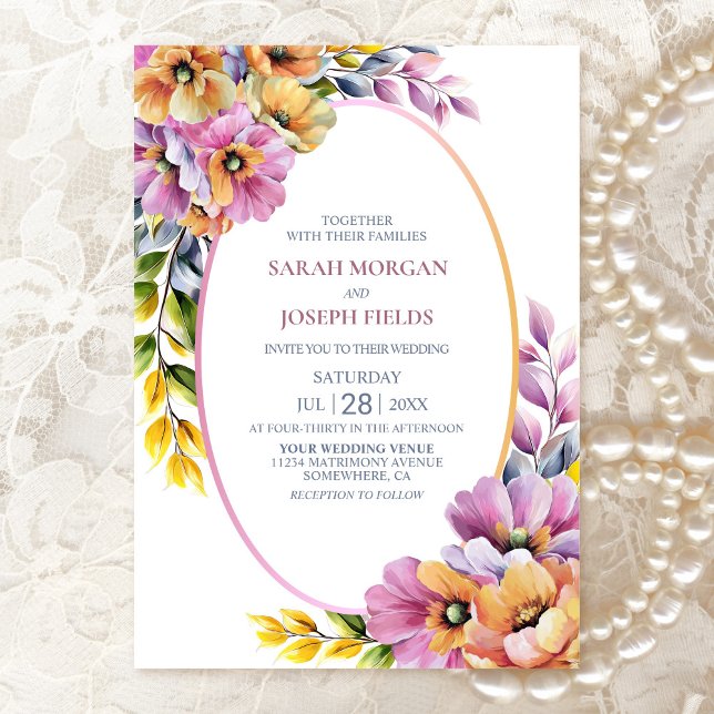 Convite Casamento Floral Rosa e Laranja Elegante (Criador carregado)