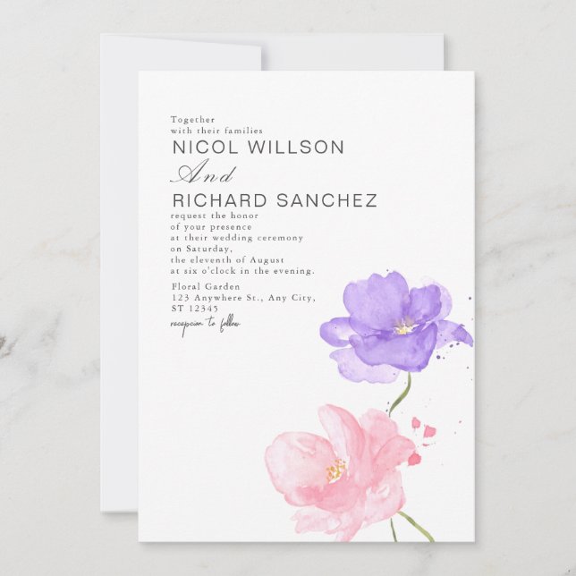 Convite Casamento Floral Rosa e Lilás Elegante (Frente)