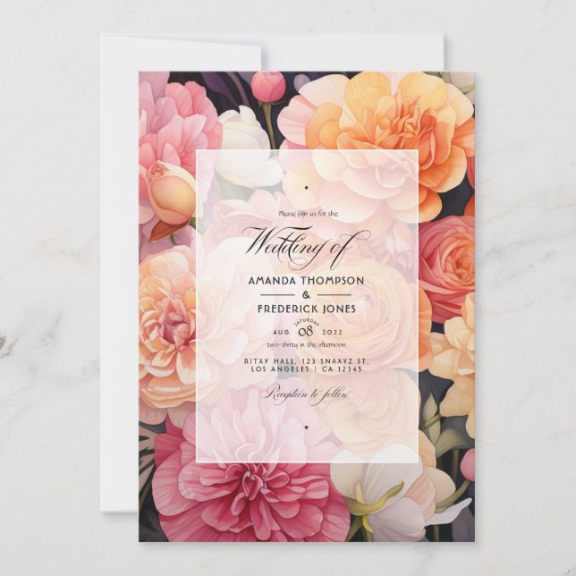 Convite Casamento Floral Rosa e Pêssego (Frente)