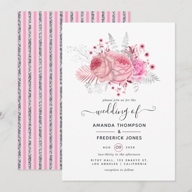 Convite Casamento Floral Rosa e Prata com Brilho e Folha F (Frente/Verso)