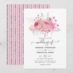 Convite Casamento Floral Rosa e Prata com Brilho e Folha F