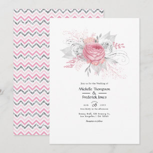 Convite Casamento Floral Rosa e Prata com Falso Folheado