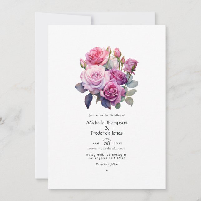 Convite Casamento Floral Rosa e Roxo (Frente)