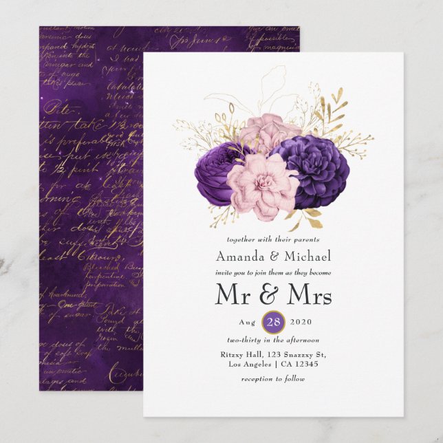 Convite Casamento Floral Rosa e Roxo (Frente/Verso)