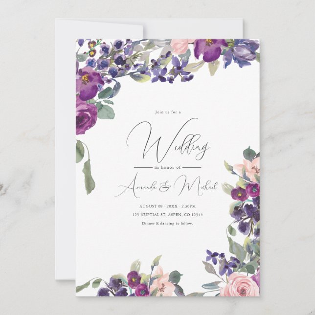 Convite Casamento Floral Rosa e Roxo Romântico (Frente)
