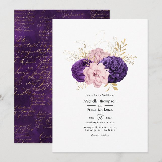 Convite Casamento Floral Rosa e Violeta (Frente/Verso)