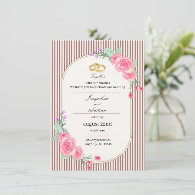 Convite Casamento Floral Rosa Elegante (Em pé/Frente)