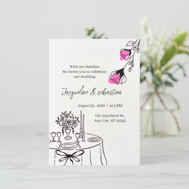 Convite Casamento Floral Rosa Elegante (Em pé/Frente)
