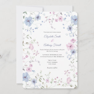 Convite Casamento Floral Rosa Elegante e Azul Desbotado
