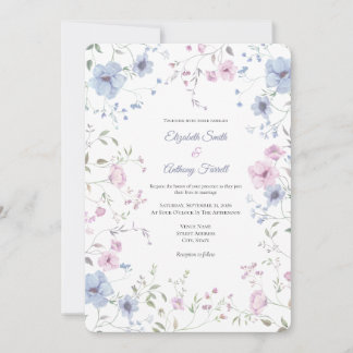 Convite Casamento Floral Rosa Elegante e Azul Desbotado