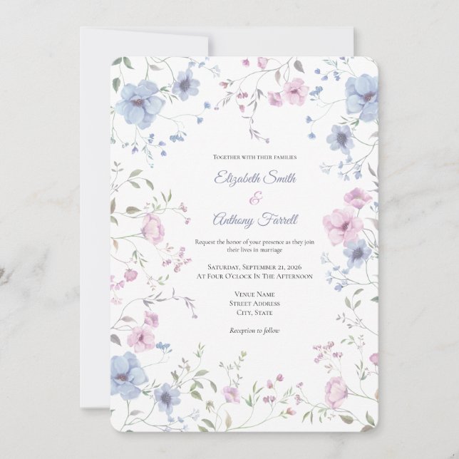 Convite Casamento Floral Rosa Elegante e Azul Desbotado (Frente)