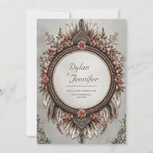 Convite Casamento Floral Rosa Empoeirada Pena Marrom Rústi