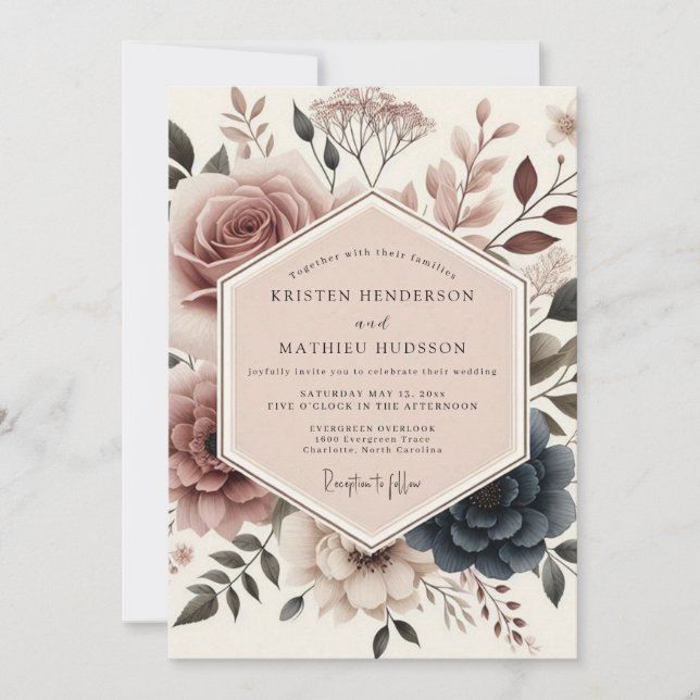 Convite Casamento Floral Rosa Empoeirado (Frente)